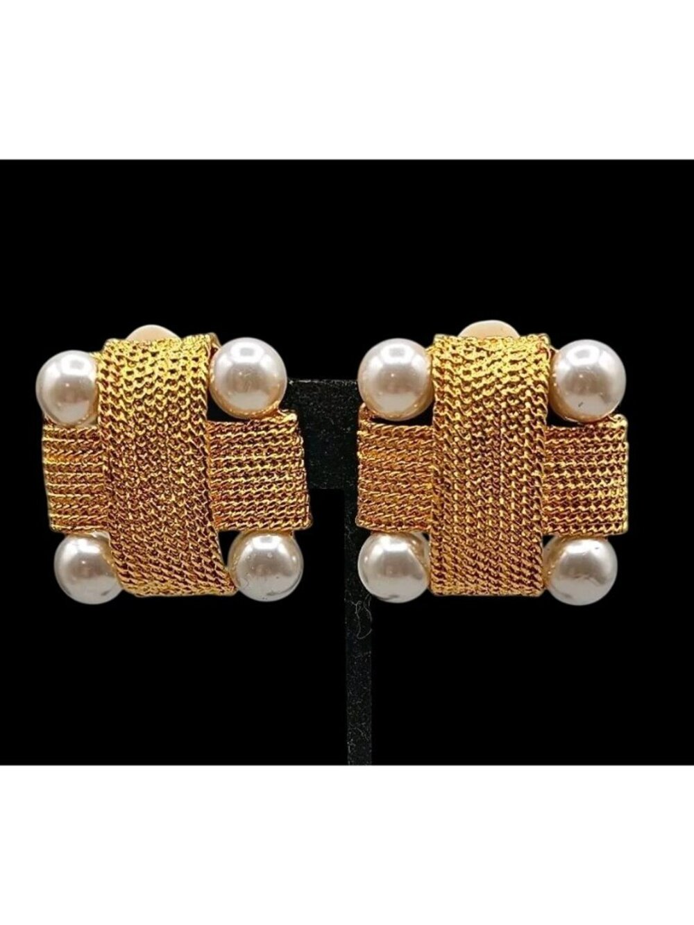 Vtg Valentino V Collection Gold Mesh Faux Pearl Clip-On Earrings 1990s Couture